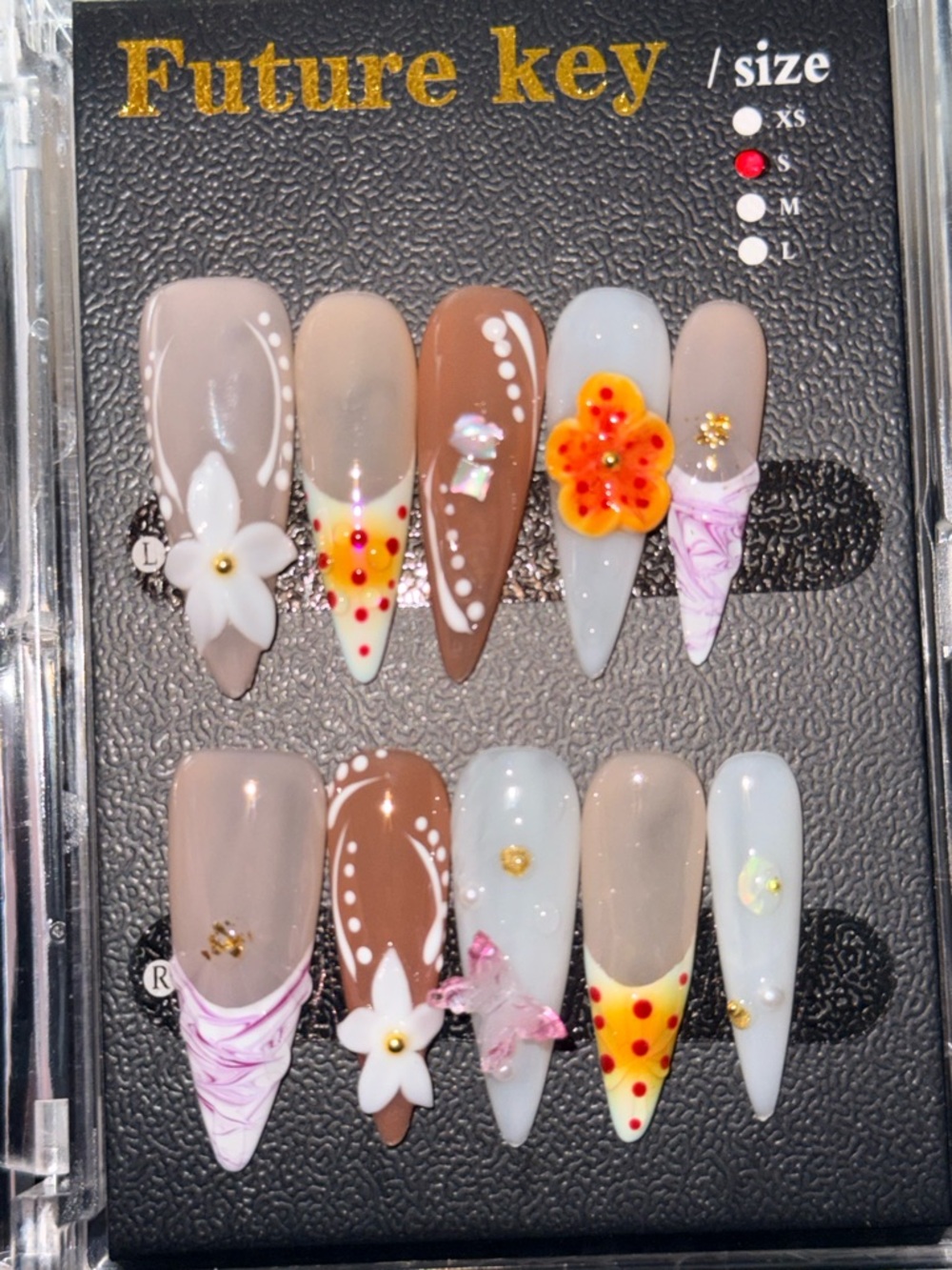 Future Key Floral & Neutral Press-On Nail Set - Brown, Cream & White
